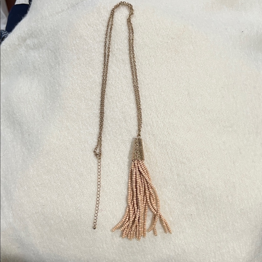 Chic Gold and Beige Beaded Tassel Necklace